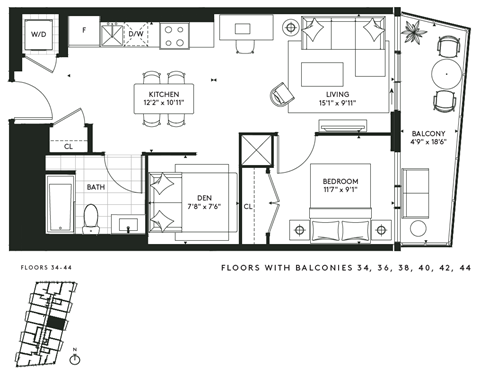 Floor plan for 1 bed, 1 bath, 664 sqft